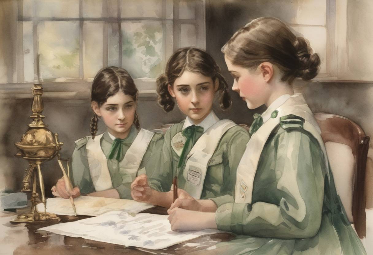 Watercolor painting based depiction of The Girl Scouts of the USA was founded by Juliette Gordon Low in Savannah, Georgia, aiming to empower young girls and promote leadership. (1912)