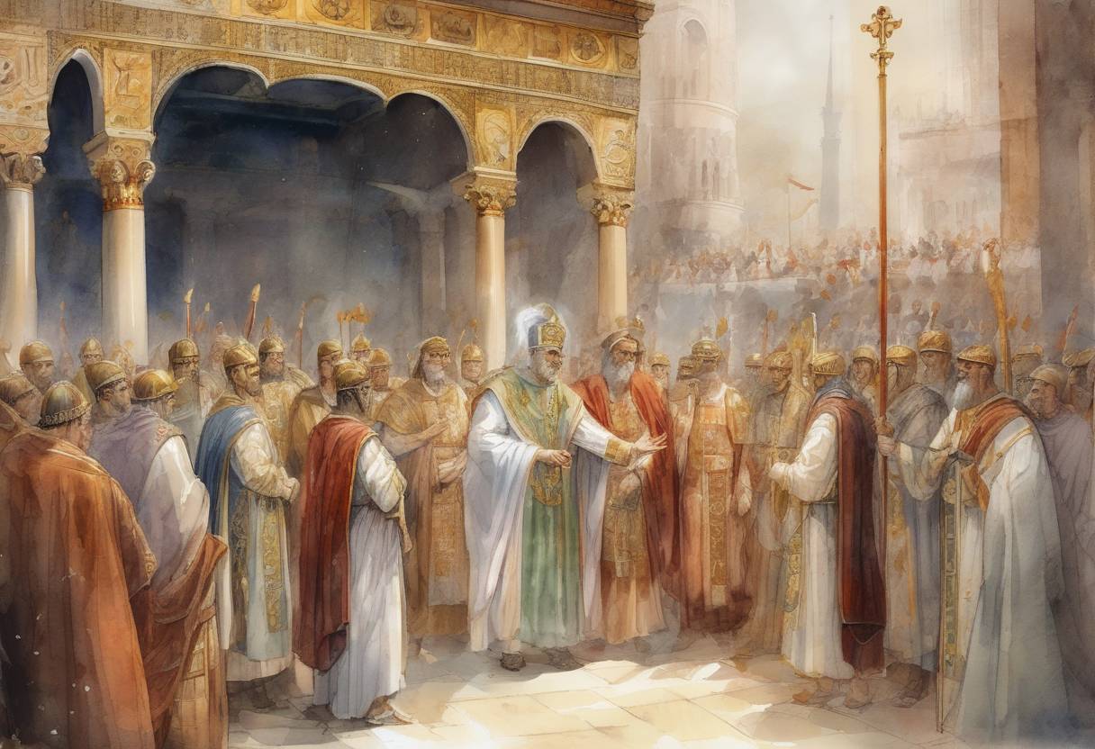 Watercolor painting based depiction of Emperor Maurice proclaims his son Theodosius as co-emperor of the Byzantine Empire. (590)
