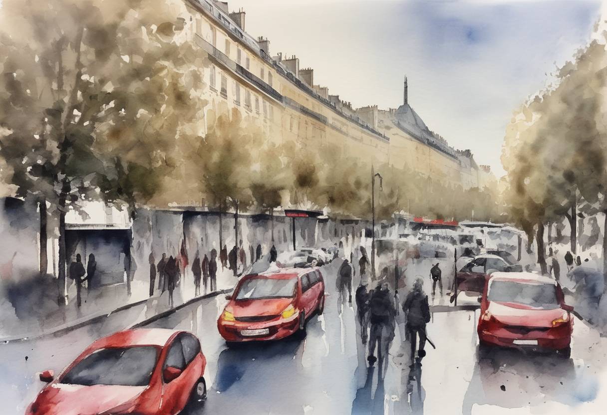 Watercolor painting based depiction of A series of coordinated terrorist attacks occurred in Paris, France, including mass shootings and suicide bombings, resulting in 130 deaths and hundreds of injuries. The attacks were claimed by the Islamic State of Iraq and the Levant (ISIL). (2015)