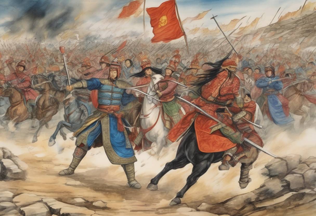 Watercolor painting based depiction of The Tibetan Empire, under the leadership of Trisong Detsen, launched an attack on the Tang dynasty's capital, Chang'an (modern-day Xi'an), during the An Lushan Rebellion. The Tibetans briefly occupied the city, marking a significant moment in the Tibetan Empire's expansion and its interactions with China. (764)