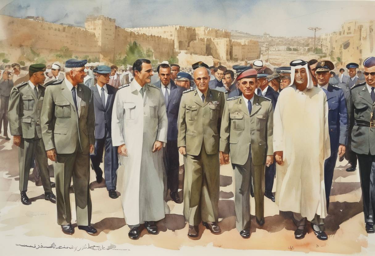 Watercolor painting based depiction of The Arab League met in East Jerusalem to discuss the formation of a unified Arab military command. (1964)