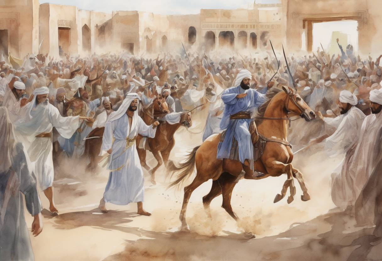Watercolor painting based depiction of Umar ibn al-Khattab, the second caliph of the Rashidun Caliphate, is assassinated by the Persian slave Abu Lu'lu'a Firuz. (644)