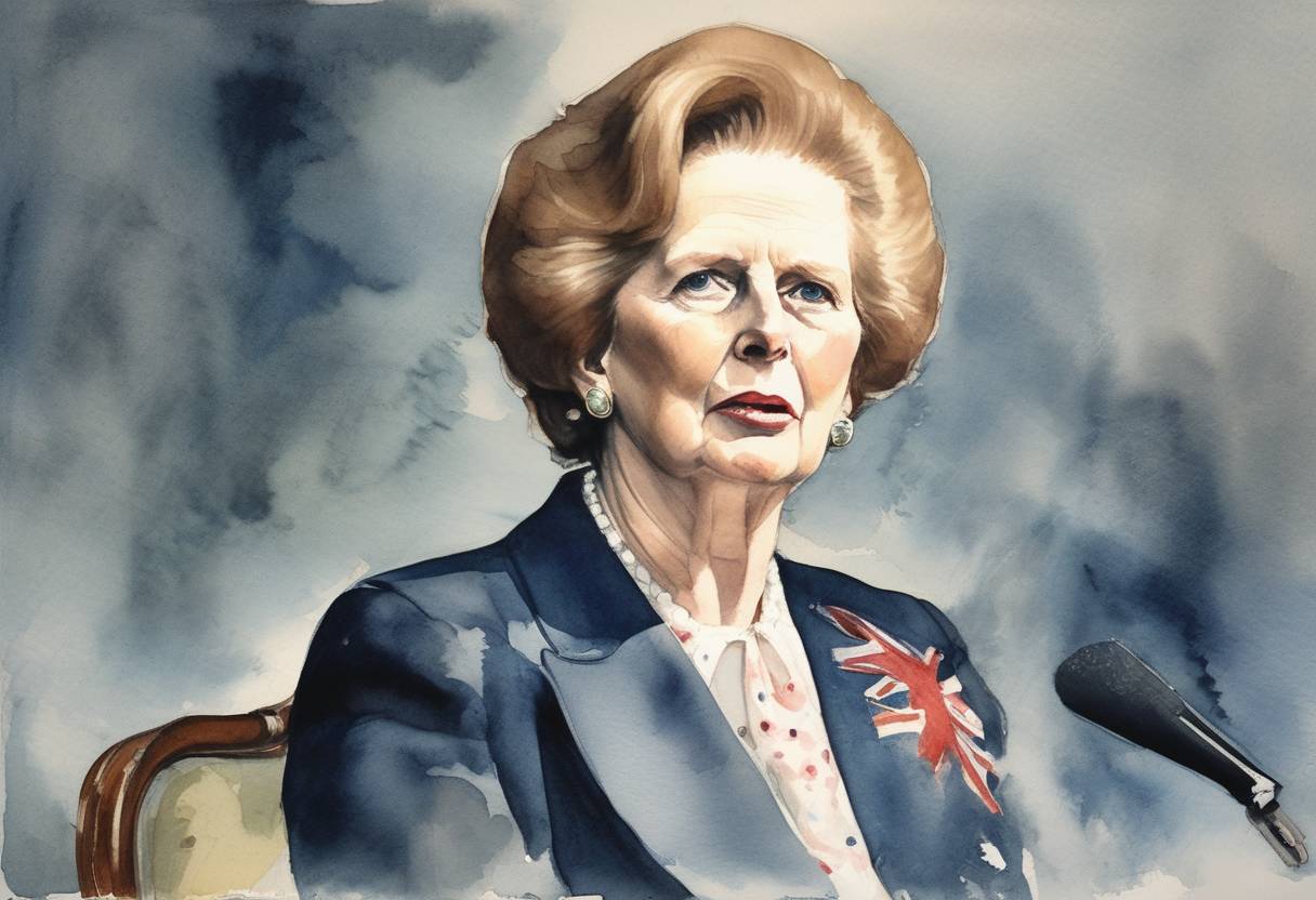 Watercolor painting based depiction of Margaret Thatcher becomes the first woman to lead the British Conservative Party. (1975)