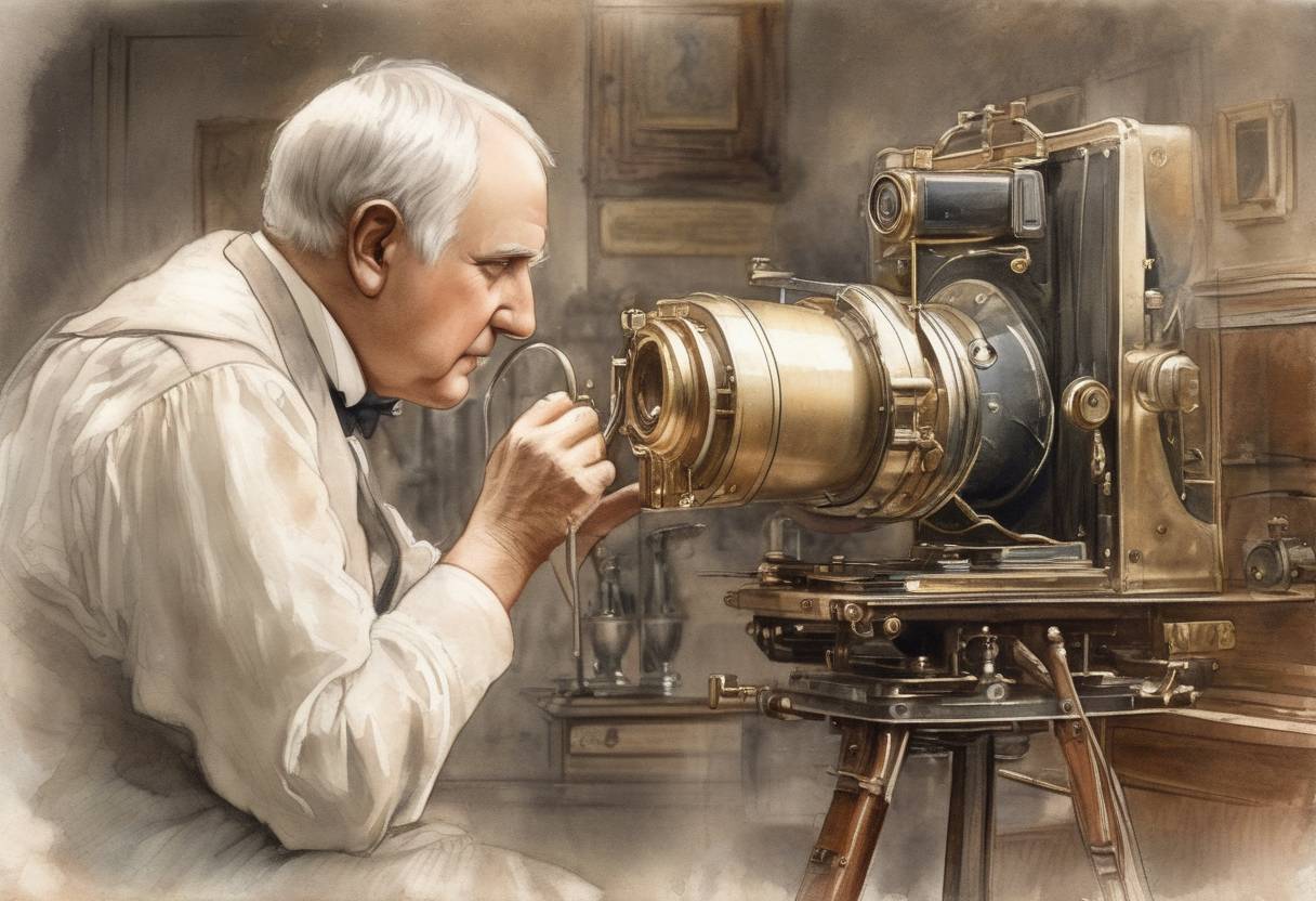 Watercolor painting based depiction of Thomas Edison patents the motion picture camera, a significant development in the history of film and entertainment. (1891)