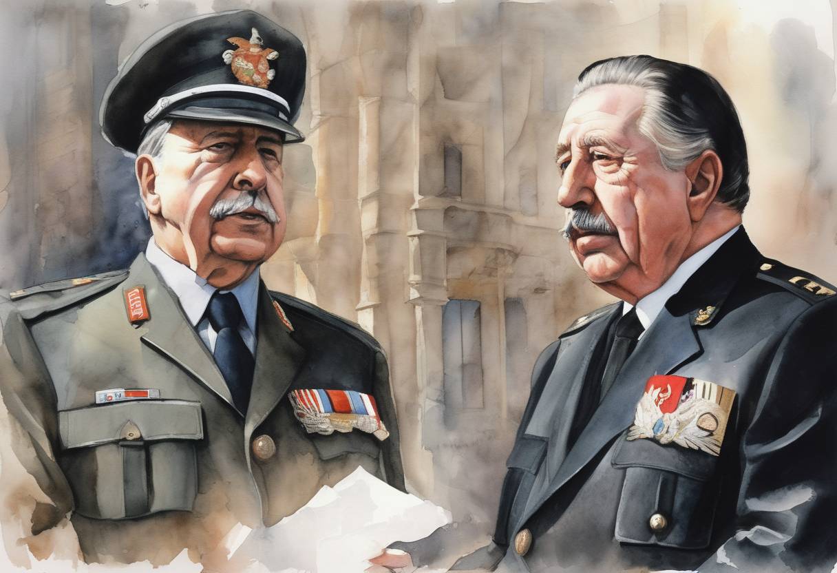 Watercolor painting based depiction of Former Chilean dictator Augusto Pinochet was arrested in London on a Spanish warrant for human rights violations. (1998)