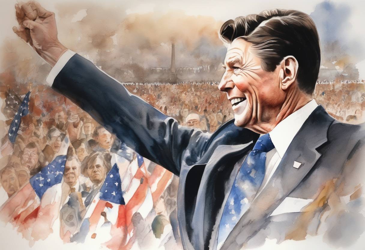 Watercolor painting based depiction of Ronald Reagan was re-elected as President of the United States, defeating Democratic candidate Walter Mondale in a landslide victory. (1984)