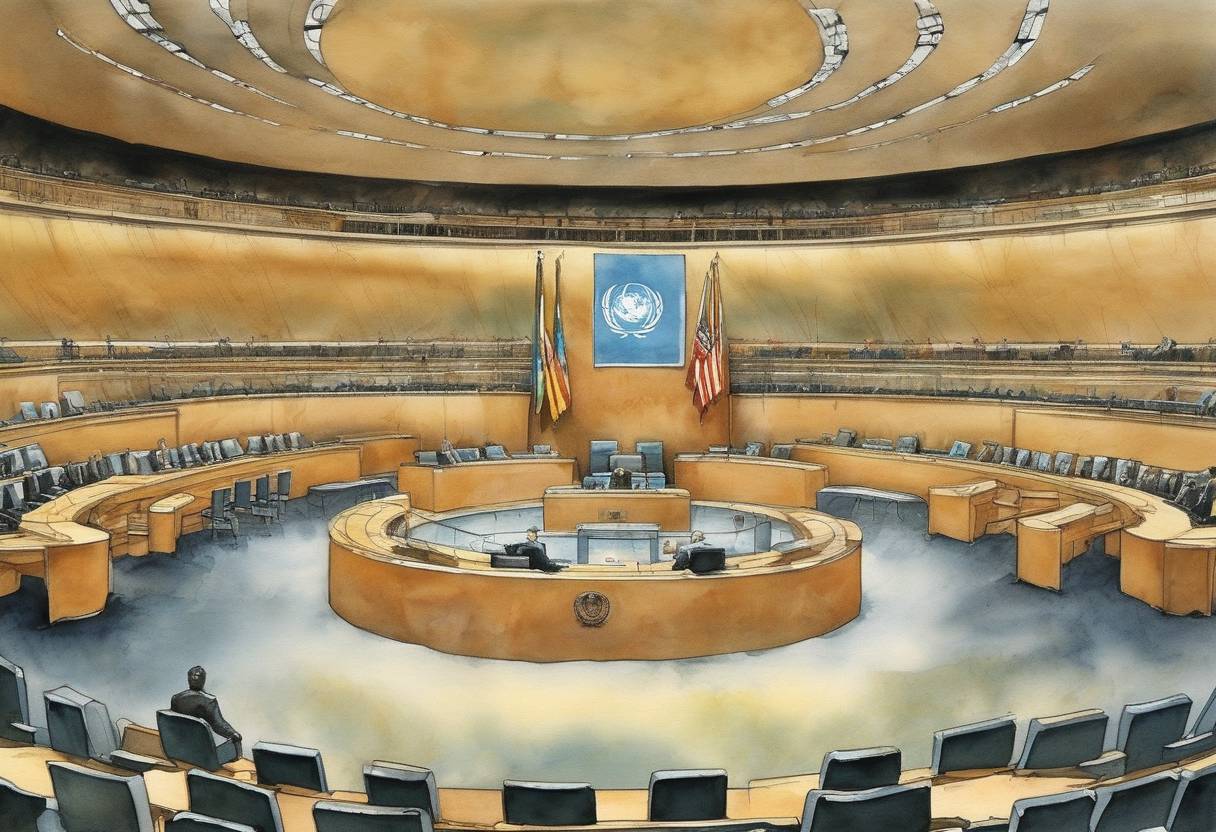 Watercolor painting based depiction of The United Nations General Assembly adopted the United Nations Convention against Corruption, a landmark international treaty aimed at combating corruption globally. (2004)