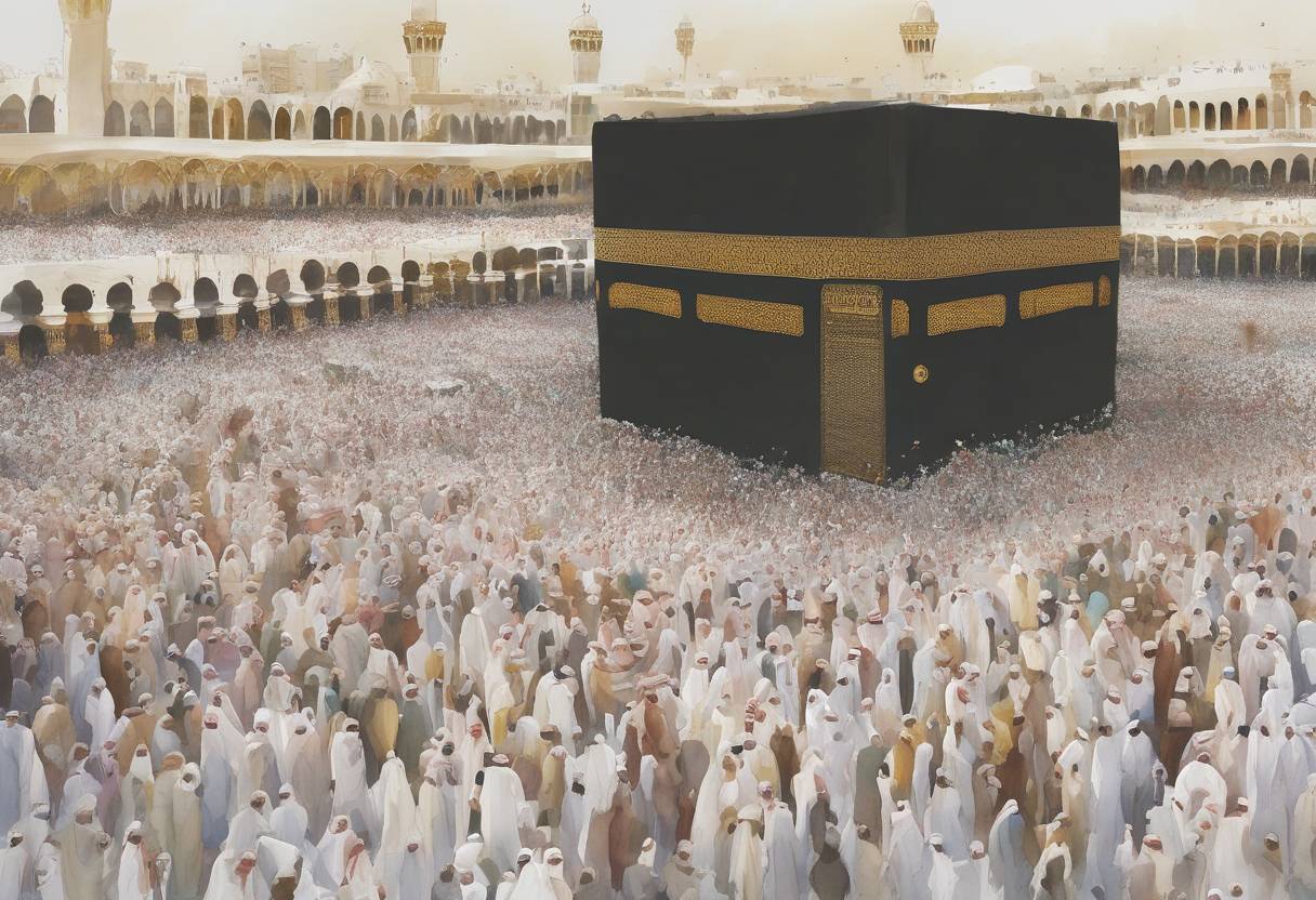 Watercolor painting based depiction of A stampede during the Hajj pilgrimage in Mina, near Mecca, Saudi Arabia, resulted in the deaths of over 2,000 people, marking one of the deadliest incidents in the pilgrimage's history. (2015)