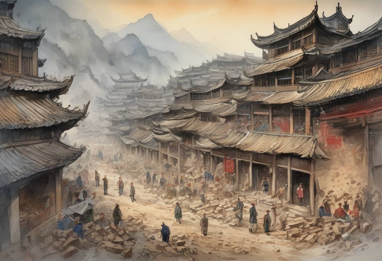 Watercolor painting based depiction of The Shaanxi earthquake, the deadliest earthquake on record, strikes Shaanxi province in China, resulting in an estimated 830,000 deaths. (1556)