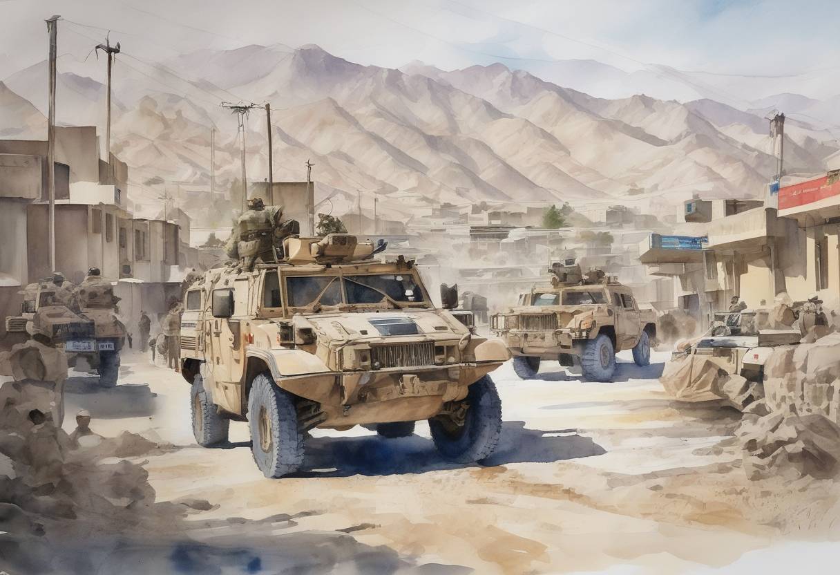Watercolor painting based depiction of The United States completed its military withdrawal from Afghanistan, ending its 20-year presence in the country following the Taliban's rapid takeover. (2021)