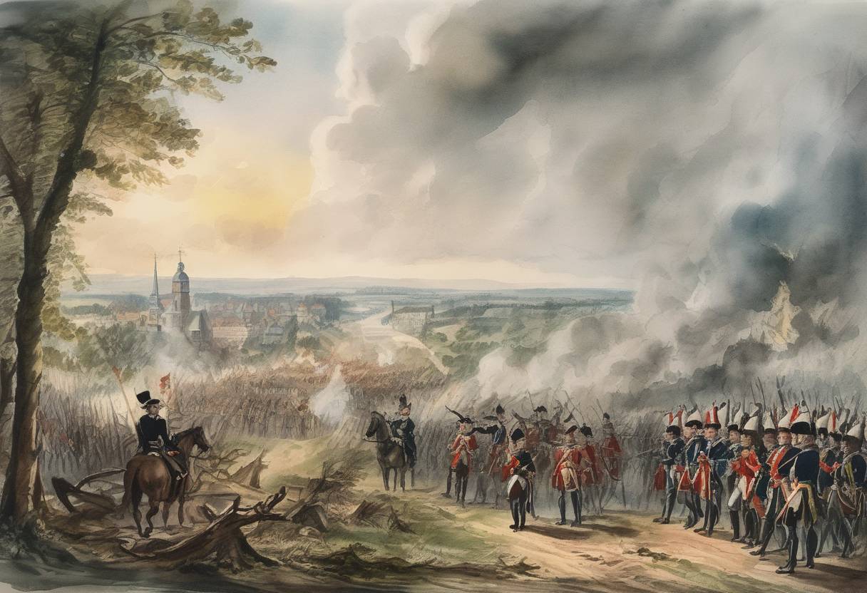 Watercolor painting based depiction of Frederick the Great of Prussia invaded Saxony, initiating the Seven Years' War, a global conflict that involved most of the great powers of the time. (1756)