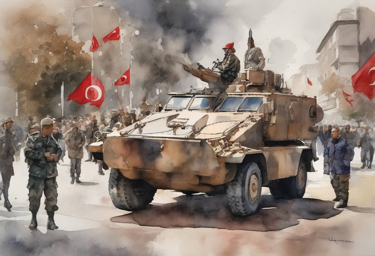 Watercolor painting based depiction of A coup attempt in Turkey fails as forces loyal to President Recep Tayyip Erdoğan regain control. (2016)