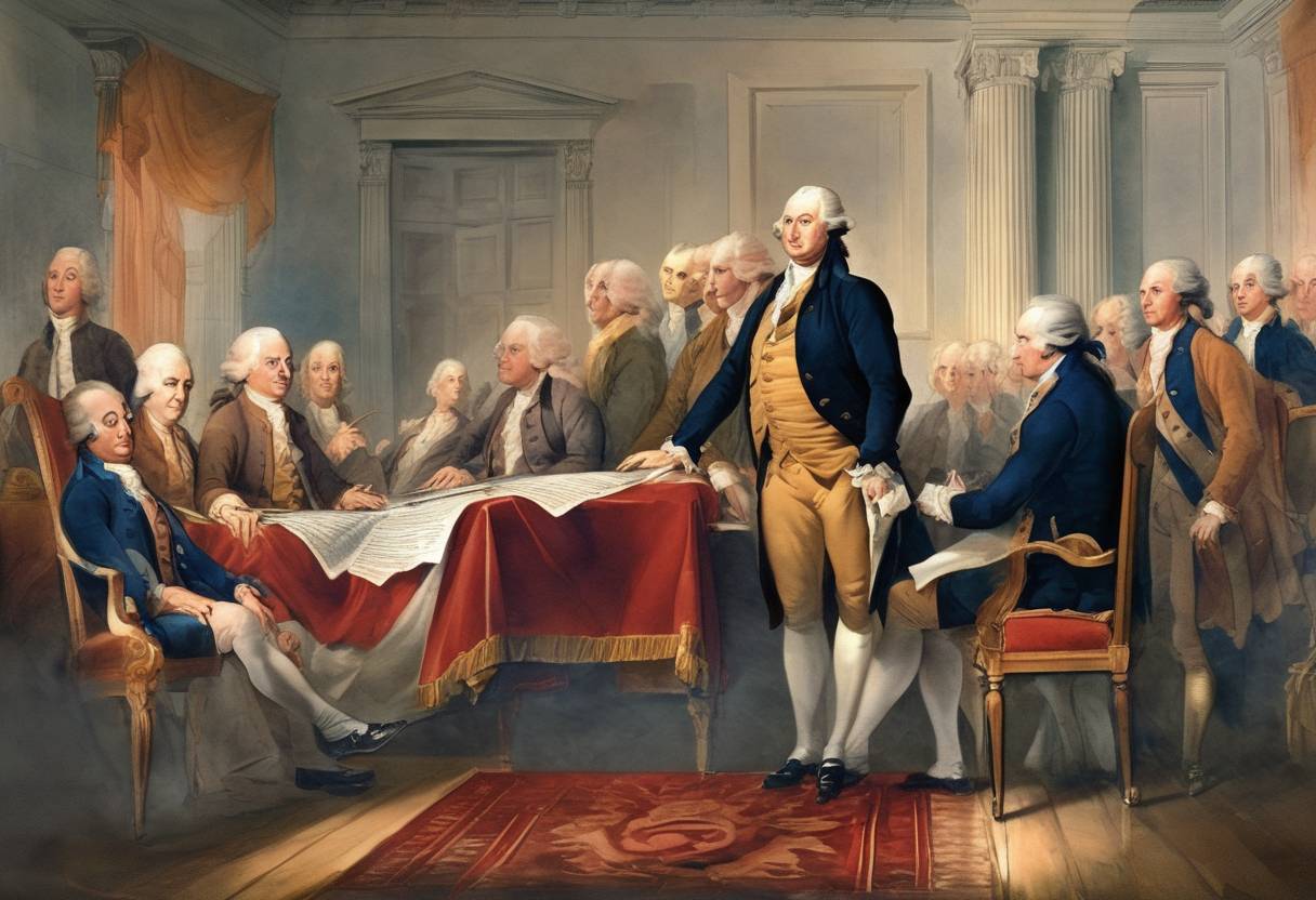 Watercolor painting based depiction of The United States Declaration of Independence is adopted by the Continental Congress, marking the birth of the United States of America. (1776)
