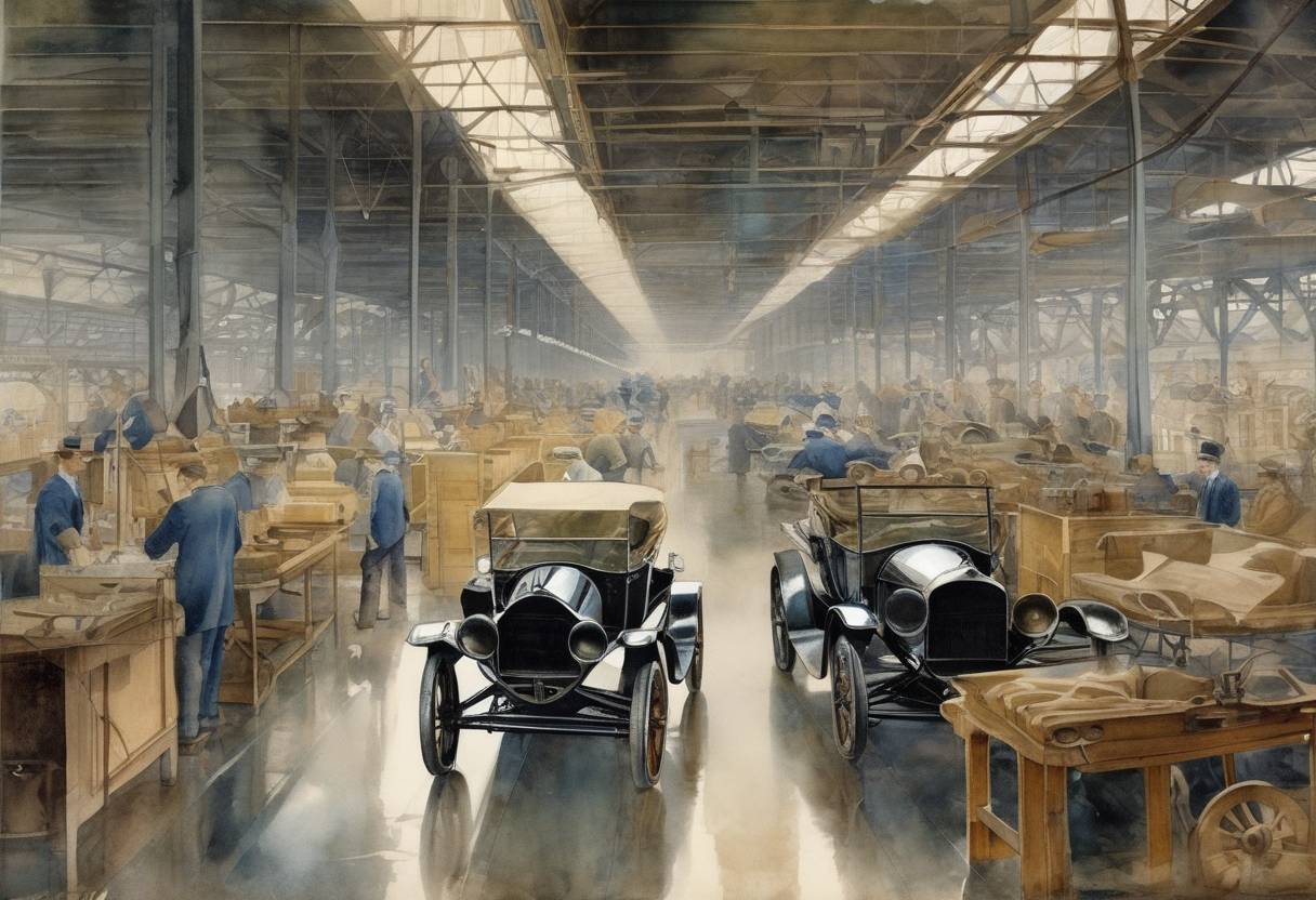 Watercolor painting based depiction of The Ford Motor Company introduced the first moving assembly line, revolutionizing industrial manufacturing. (1913)