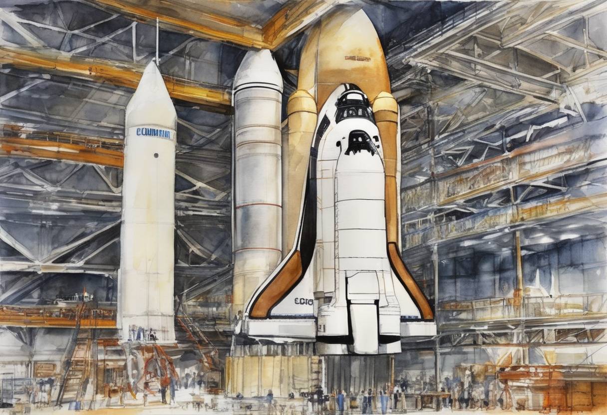 Watercolor painting based depiction of The first fully functional space shuttle, Columbia, was delivered to the Kennedy Space Center for launch preparation. (1979)