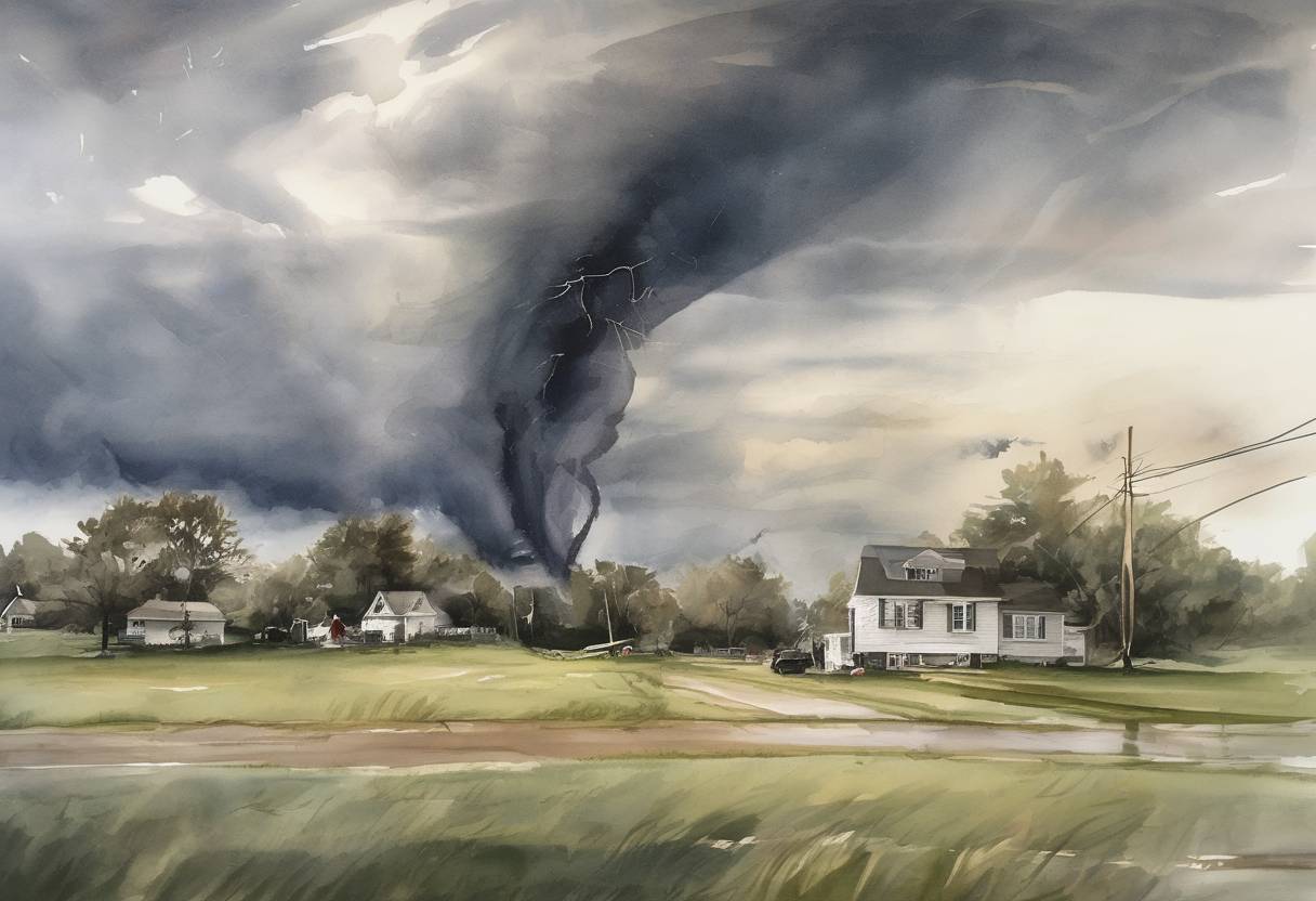 Watercolor painting based depiction of A series of tornadoes struck the southeastern United States, causing significant damage and resulting in 20 fatalities. (2017)