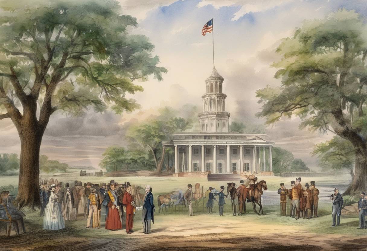 Watercolor painting based depiction of Sam Houston was elected as the first President of the Republic of Texas, following its independence from Mexico. (1836)