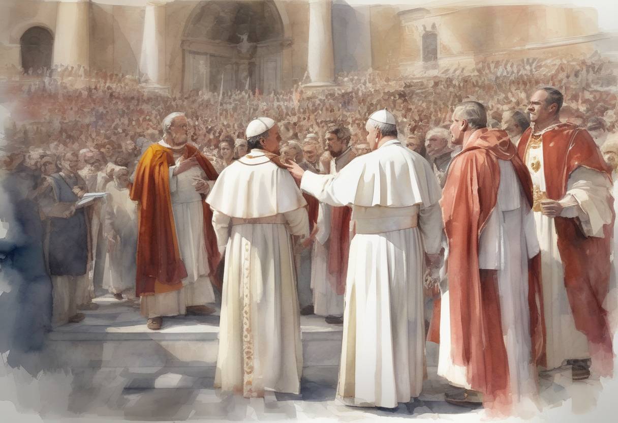 Watercolor painting based depiction of Pope Damasus I was elected as the 37th pope of the Catholic Church, marking the beginning of his papacy. (366)