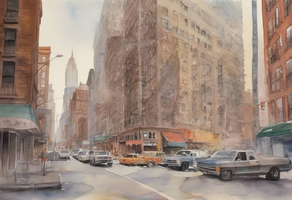 Watercolor painting based depiction of In New York City, David Berkowitz, known as the 'Son of Sam,' committed his first murder, beginning a series of attacks that terrorized the city. (1976)