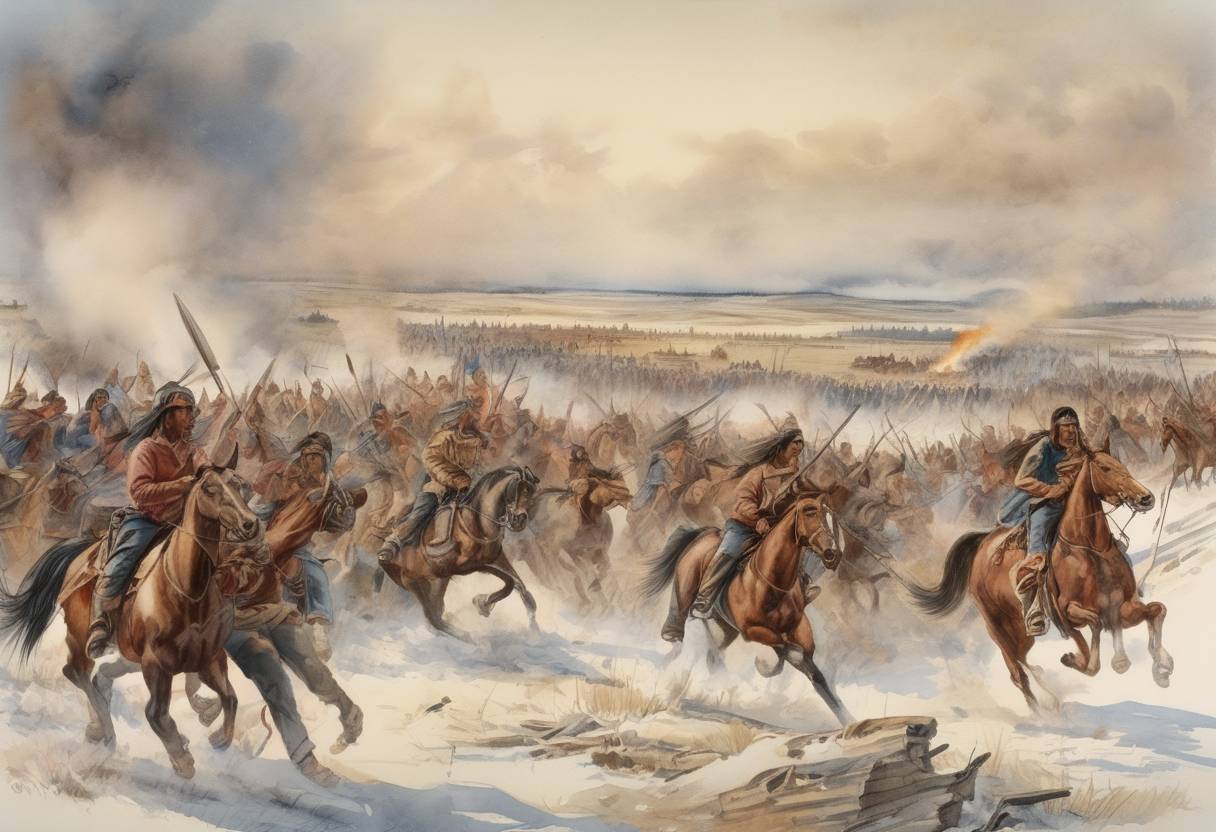 Watercolor painting based depiction of The Dakota War of 1862 begins as Dakota Sioux warriors attack settlements in Minnesota, leading to a six-week conflict with significant casualties on both sides. (1862)