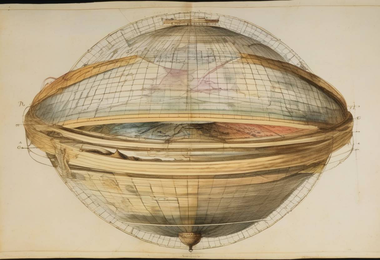 Watercolor painting based depiction of Isaac Newton's influential work, 'Philosophiæ Naturalis Principia Mathematica' (commonly known as the Principia), was first presented to the Royal Society in London by Edmond Halley. The Principia provided a comprehensive mathematical framework for the physics of motion and gravitation, forming the foundation for classical mechanics. (1684)