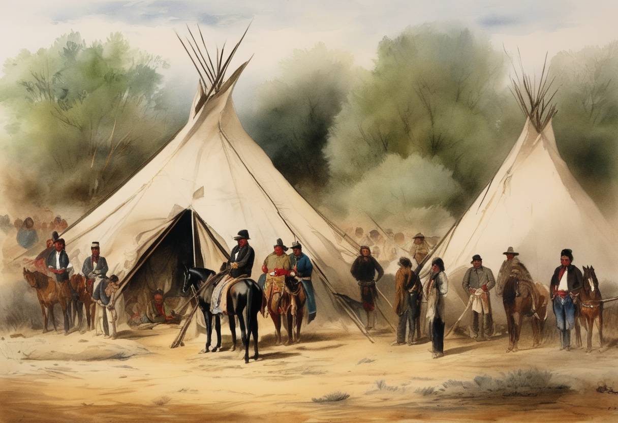 Watercolor painting based depiction of The Treaty of Bosque Redondo was signed, marking the relocation of the Navajo people back to their traditional lands after years of forced displacement by the U.S. government. (1868)
