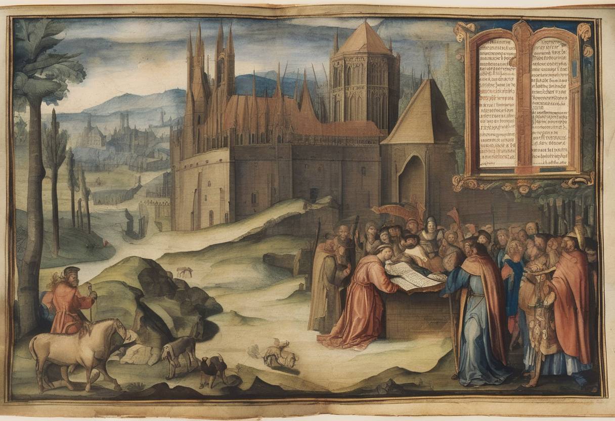 Watercolor painting based depiction of The first complete English-language Bible, the Coverdale Bible, was printed. (1535)