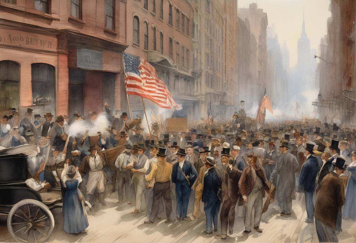 Watercolor painting based depiction of The first United States Labor Day was celebrated on a Tuesday in New York City, organized by the Central Labor Union, with a procession of workers marching with their respective trades represented. This event helped to lay the groundwork for the Labor Day holiday. (1882)