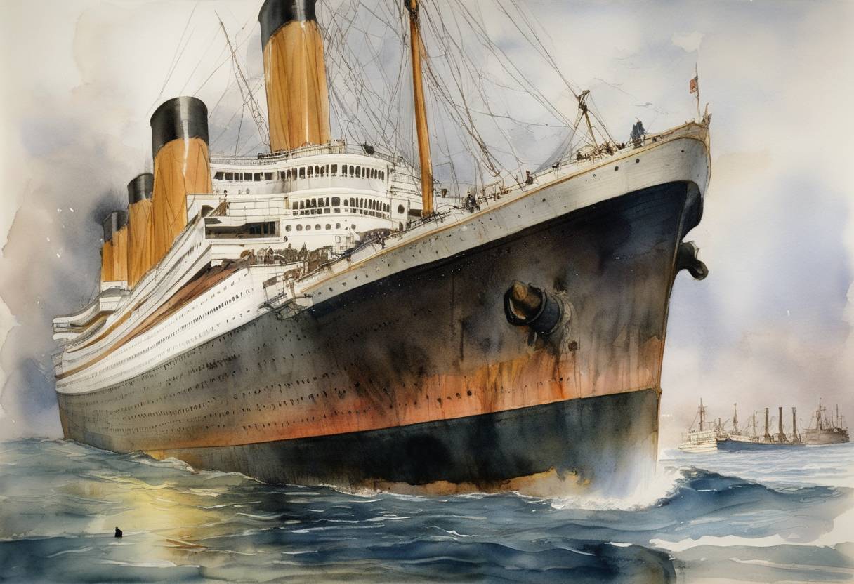 Watercolor painting based depiction of The discovery of the RMS Titanic wreckage is announced by a joint American-French expedition, led by Dr. Robert Ballard. It had been found earlier on September 1, 1985. (1985)