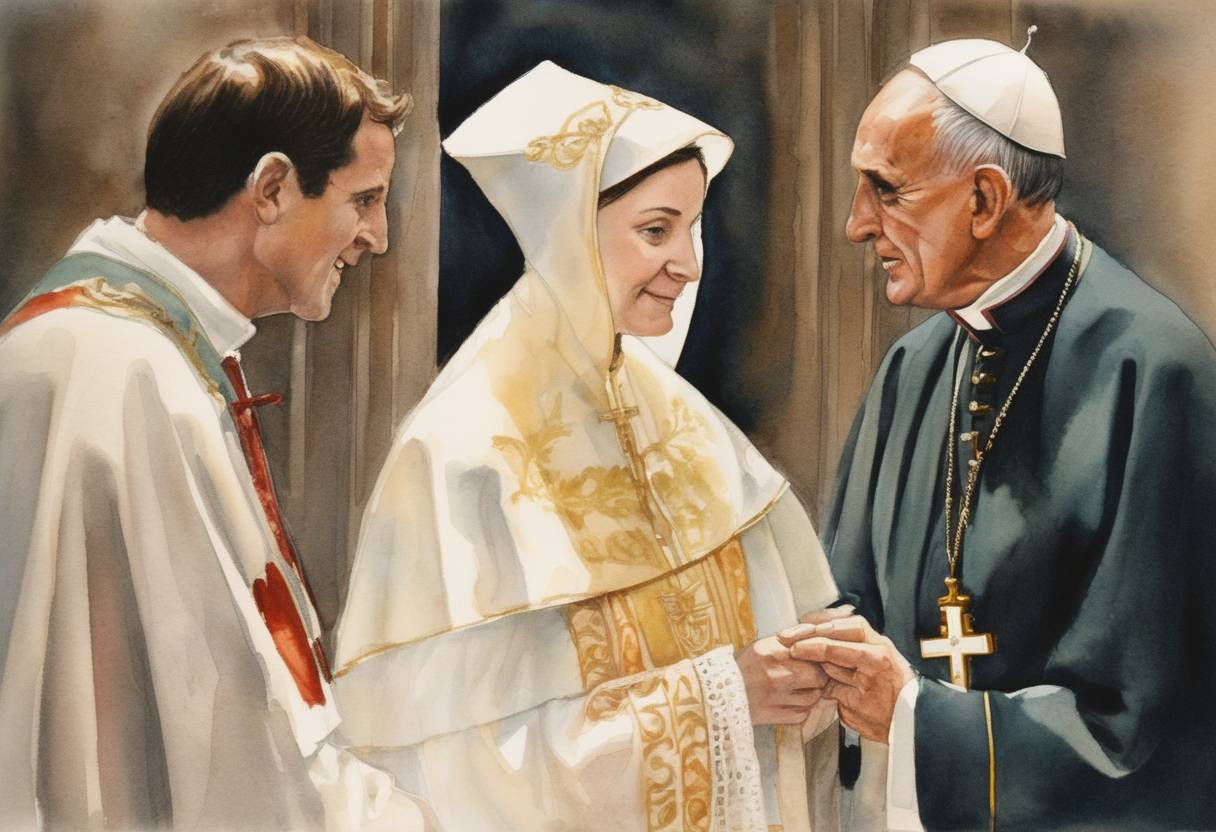 Watercolor painting based depiction of Pope Paul VI canonizes Elizabeth Ann Seton, making her the first American-born saint in the Roman Catholic Church. (1975)
