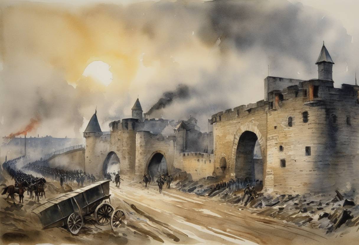 Watercolor painting based depiction of The Siege of Maubeuge concluded with the surrender of the French fortress to German forces during World War I. (1914)