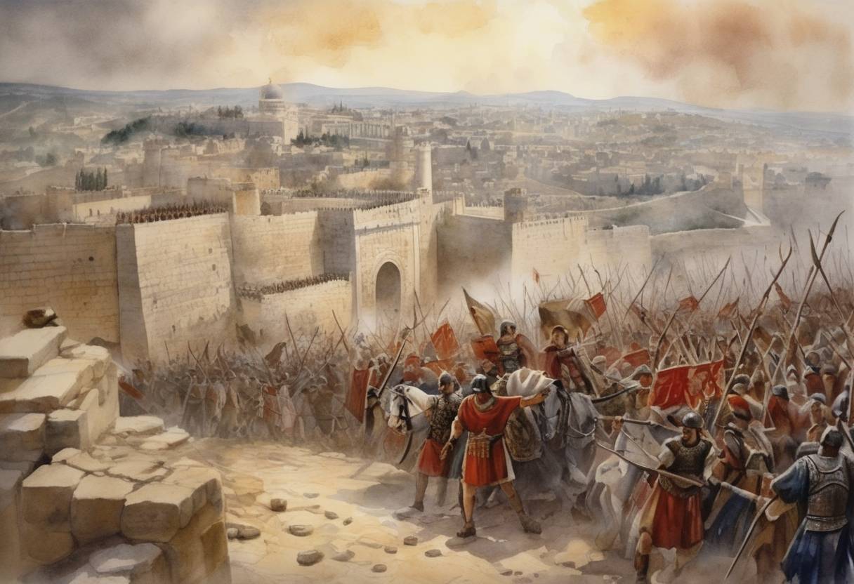 Watercolor painting based depiction of The Siege of Jerusalem ends as Roman forces succeed in capturing the city, marking the conclusion of the first Jewish-Roman War. (70)