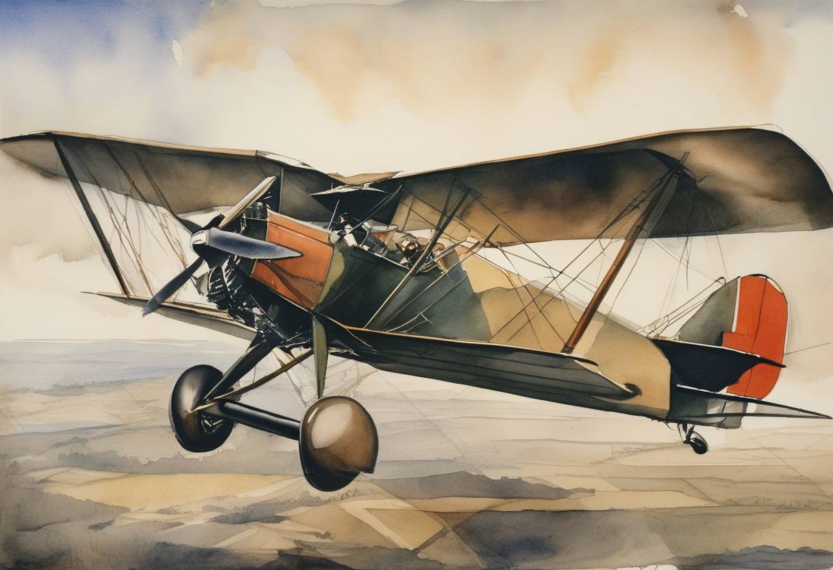 Watercolor painting based depiction of The first solo flight around the world is completed by German pilot Gunther von Hünefeld. (1928)