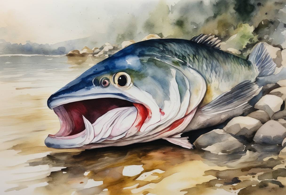Watercolor painting based depiction of A toxic leak from a pesticide plant caused a massive fish kill in the Kura river in Azerbaijan. (2021)
