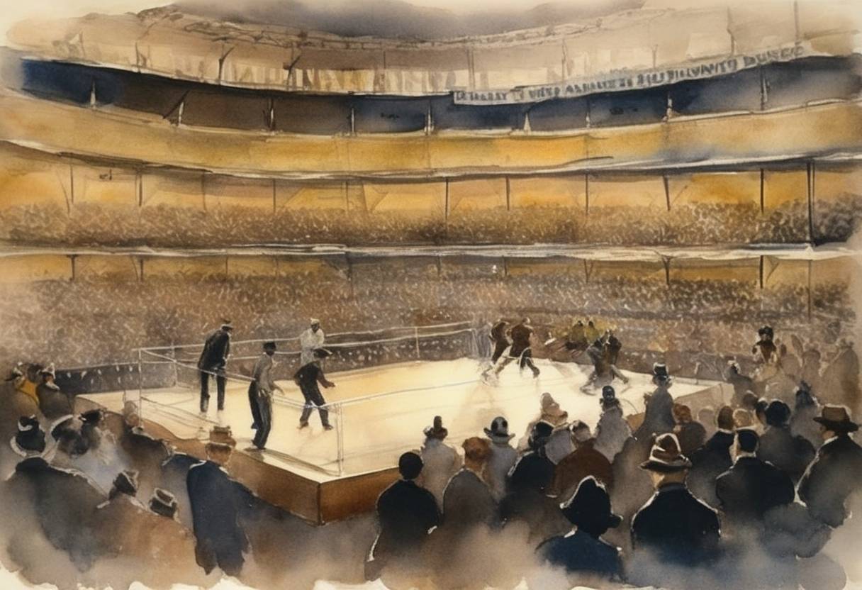 Watercolor painting based depiction of KDKA radio station in Pittsburgh broadcasted the first live sporting event on radio, a boxing match between Johnny Ray and Johnny Dundee. (1921)