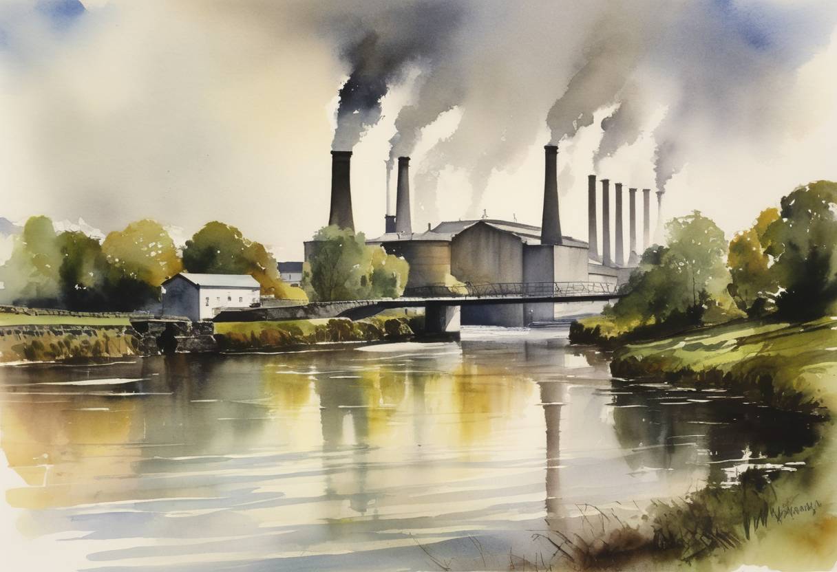 Watercolor painting based depiction of The Ardnacrusha Power Station on the River Shannon in Ireland begins its official operations. (1956)