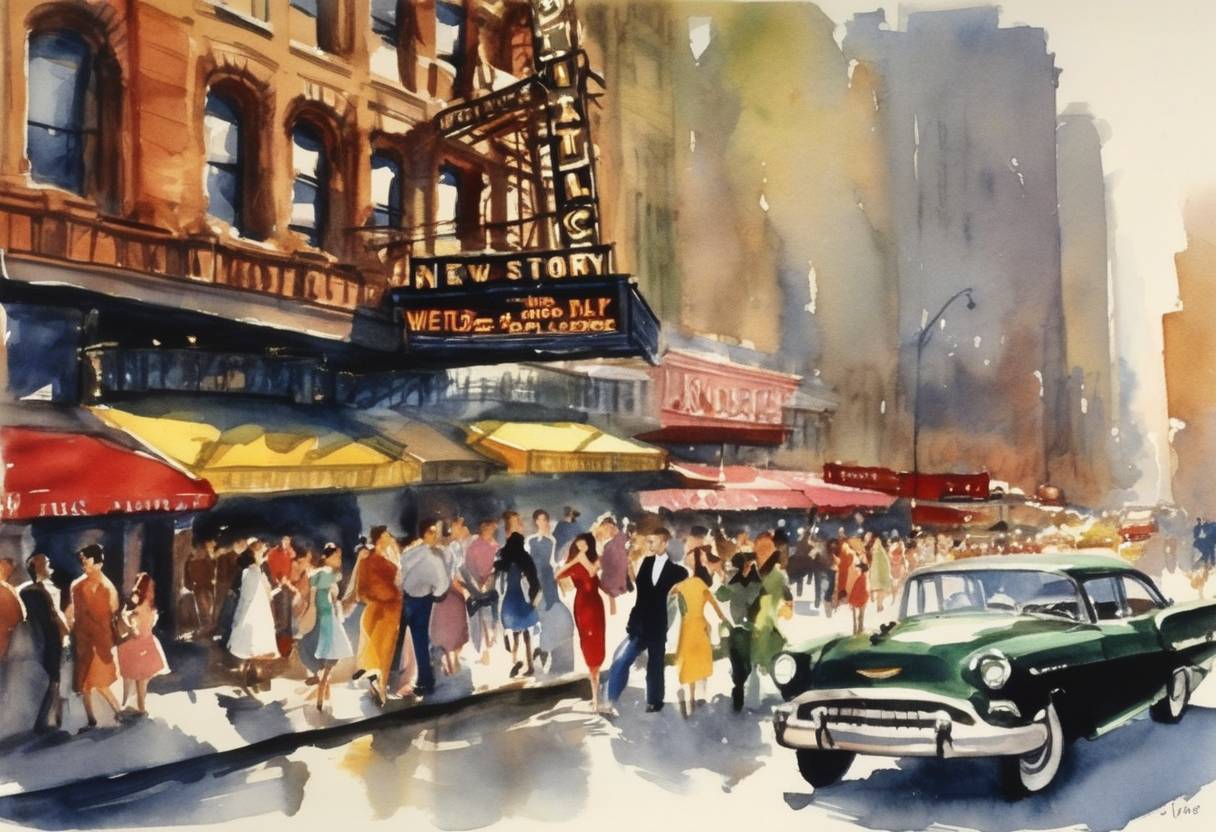 Watercolor painting based depiction of The musical 'West Side Story' made its debut on Broadway at the Winter Garden Theatre. (1957)