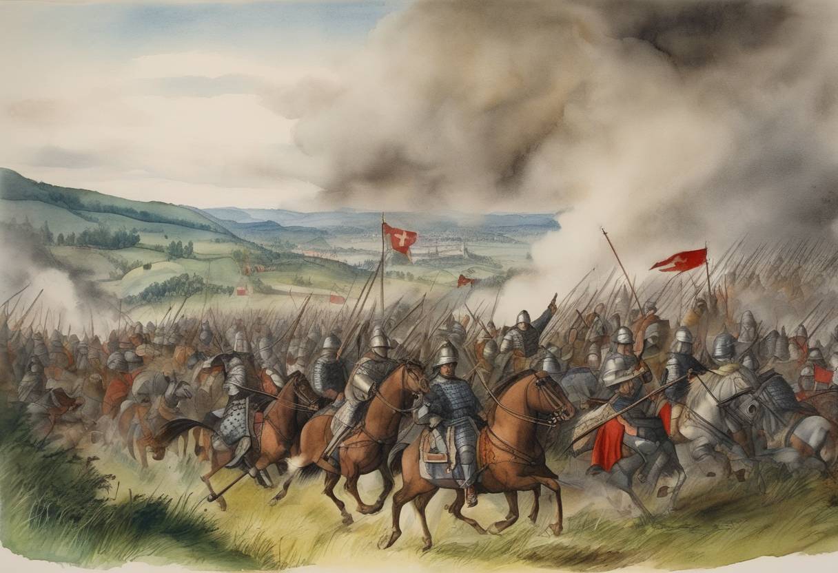 Watercolor painting based depiction of The Battle of St. Jakob an der Birs took place, during which a small force of the Old Swiss Confederacy managed to halt the larger French army of the Armagnac mercenaries, highlighting the effective Swiss infantry tactics that would become renowned across Europe. (1444)