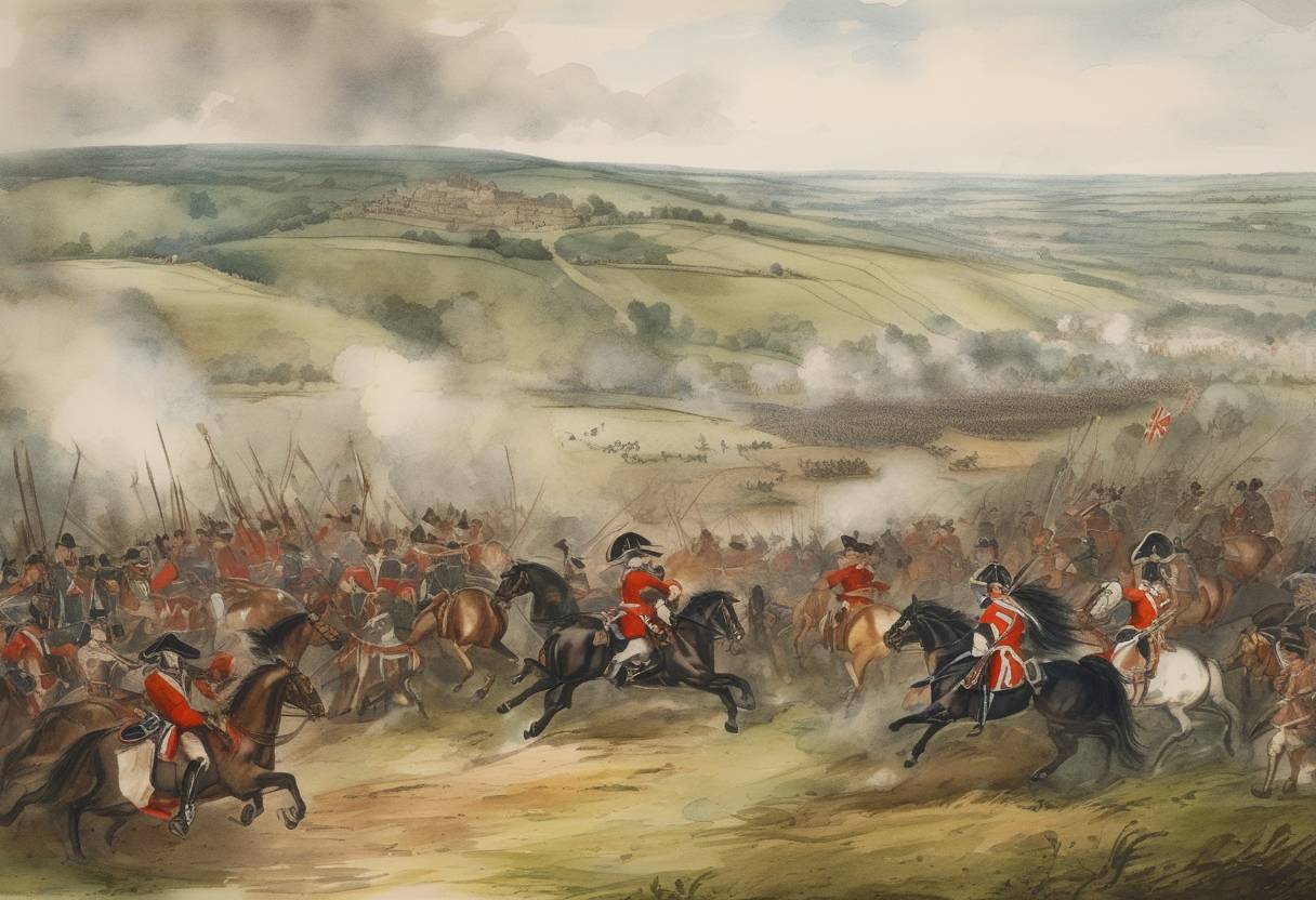 Watercolor painting based depiction of The Battle of Torrington was fought during the English Civil War as Royalist forces attempted to check the advance of the Parliamentarians in Devon. (1644)