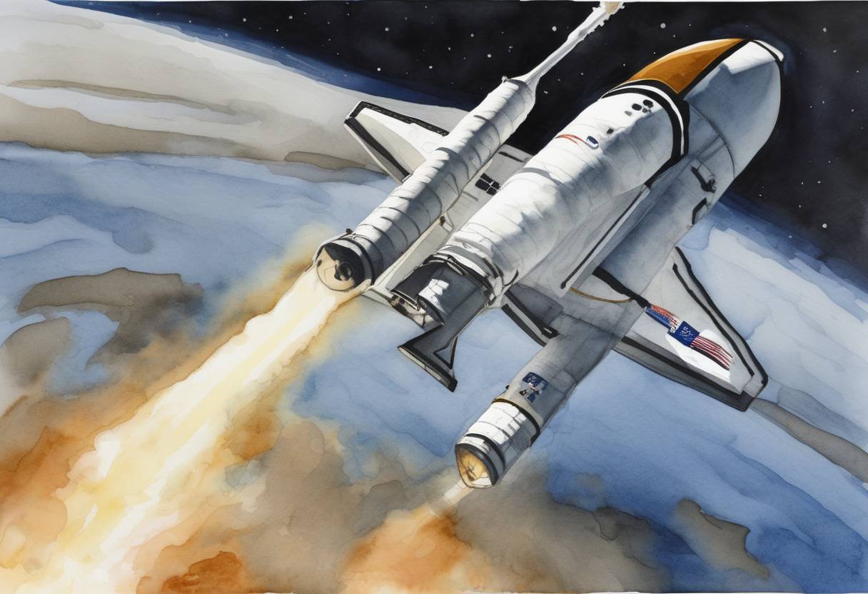 Watercolor painting based depiction of NASA launched the STS-97 Space Shuttle Endeavour mission to the International Space Station (ISS). It was the 101st Space Shuttle mission, and the primary objective was to deliver and install the first set of solar arrays to provide electricity to the ISS. (2000)