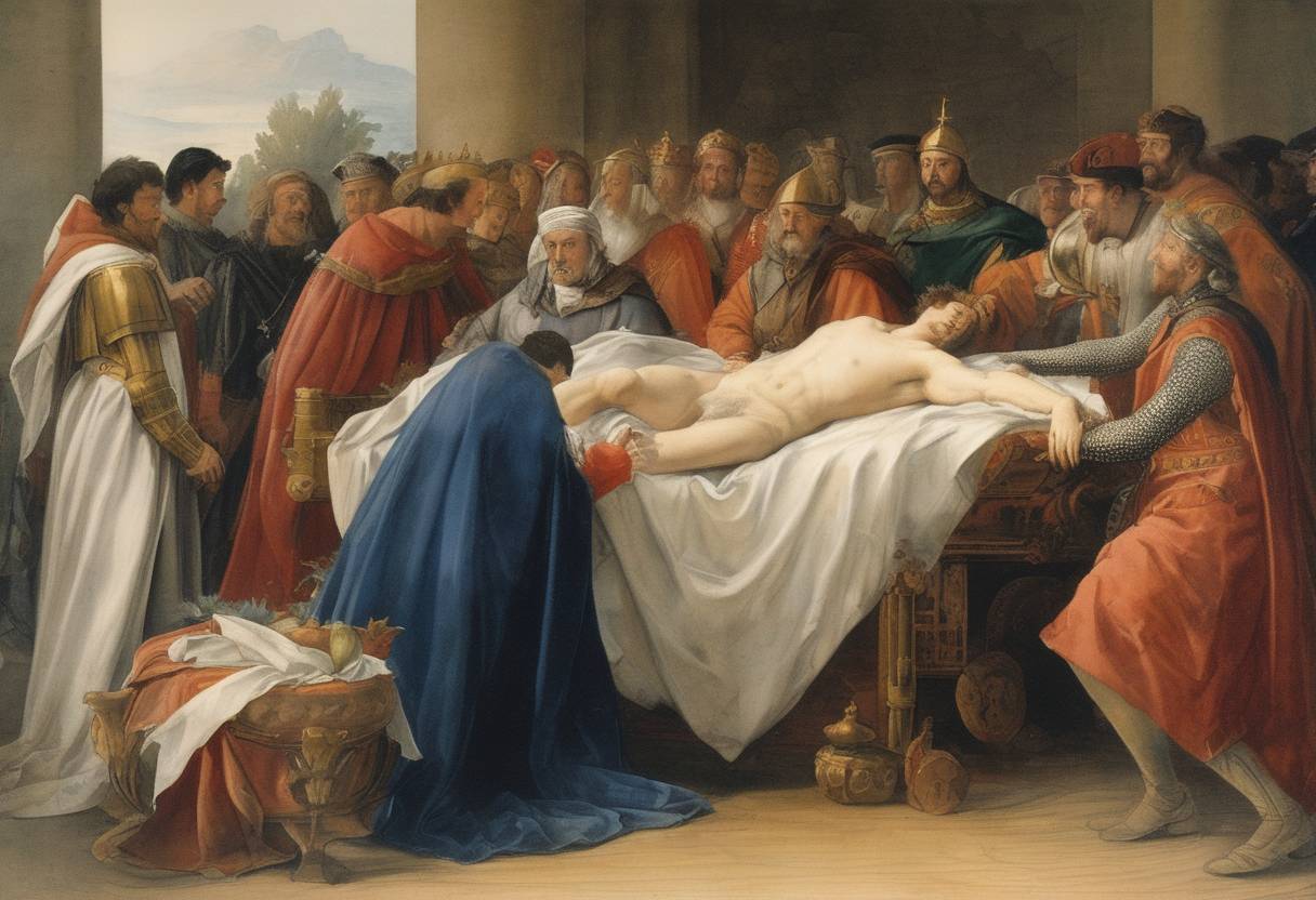 Watercolor painting based depiction of The death of Frederick II marks a turning point in the Holy Roman Empire. Frederick II, a member of the Hohenstaufen dynasty, was one of the most powerful and ambitious Holy Roman Emperors. His death led to a period of instability and decline for the empire. (1250)