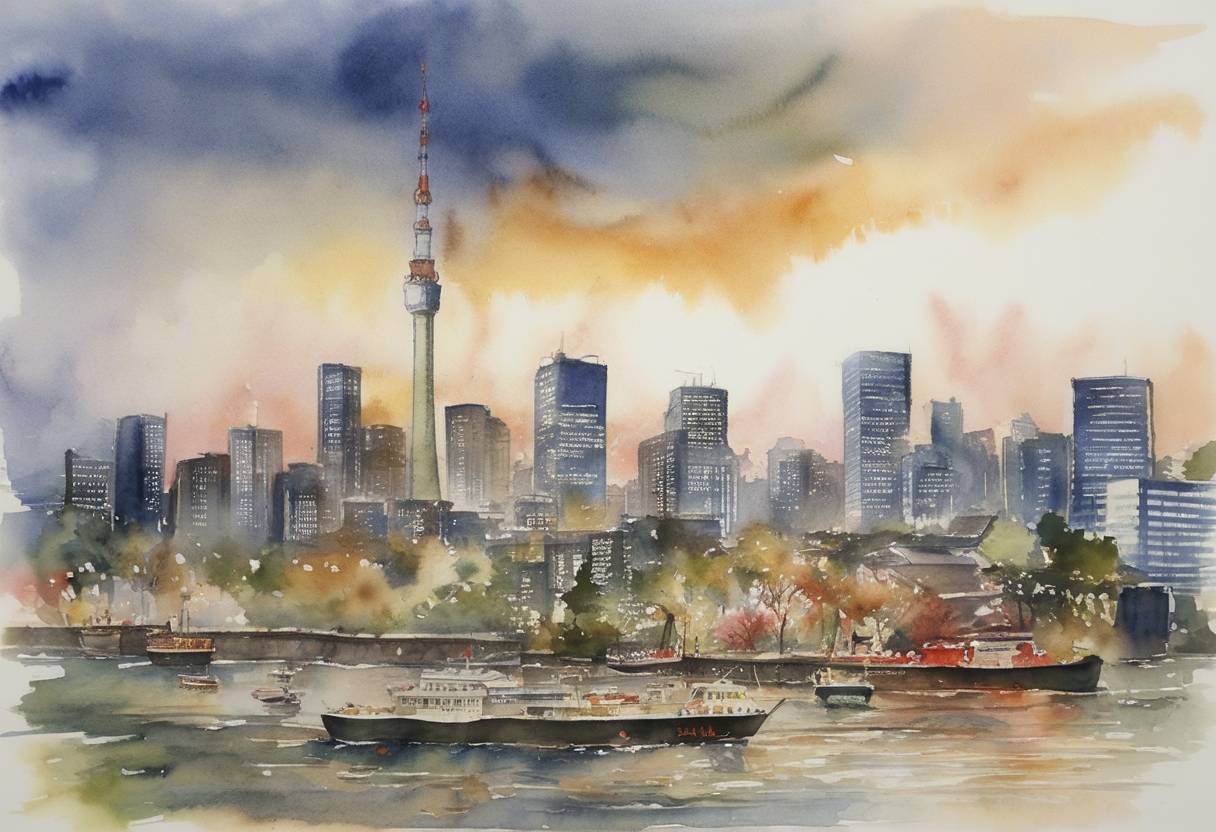 Watercolor painting based depiction of An event marking the beginning of Japan's financial crisis, the Japanese government's first financial intervention takes place, which includes forcing Yamaichi Securities to shut down. (1997)