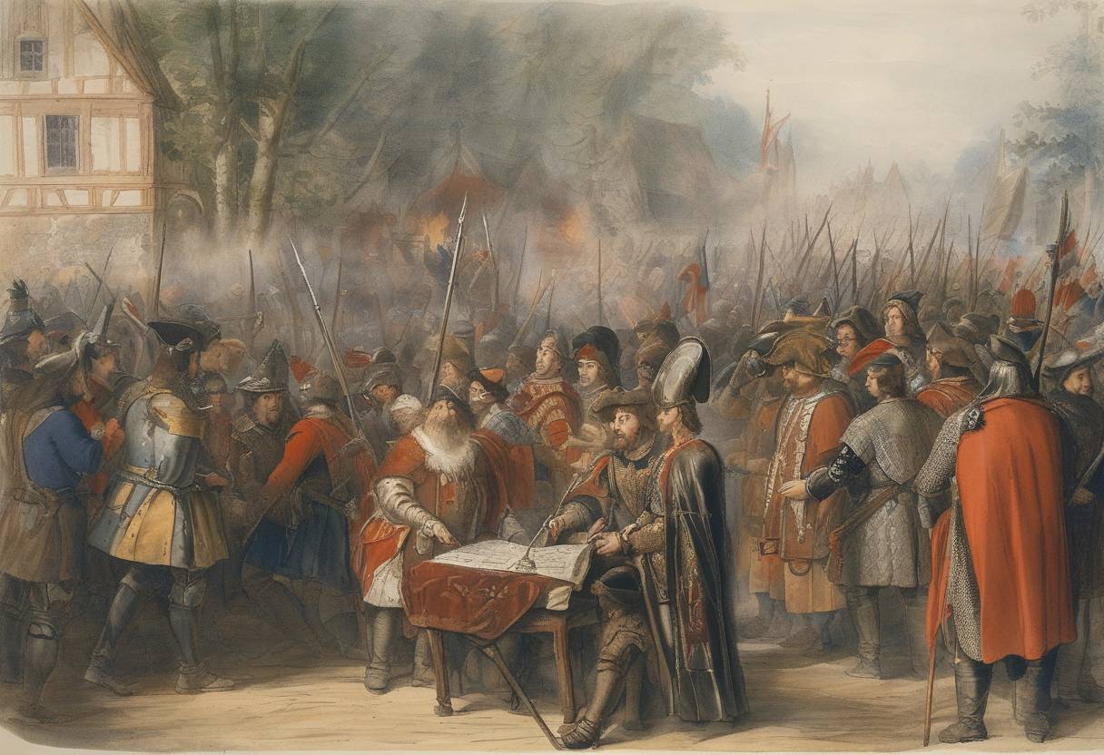 Watercolor painting based depiction of The Treaty of Bärwalde was signed between France and Sweden. This treaty was part of the Thirty Years' War, where France agreed to support Sweden financially in its fight against the Holy Roman Empire. (1375)