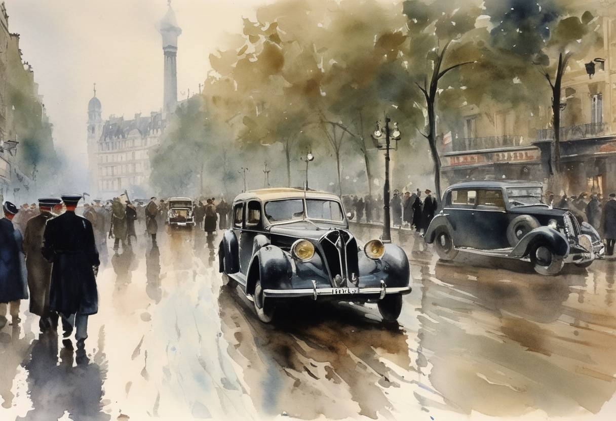 Watercolor painting based depiction of The French Fourth Republic was established as General Charles de Gaulle resigned as a head of government, a crucial moment in post-World War II French history. (1946)