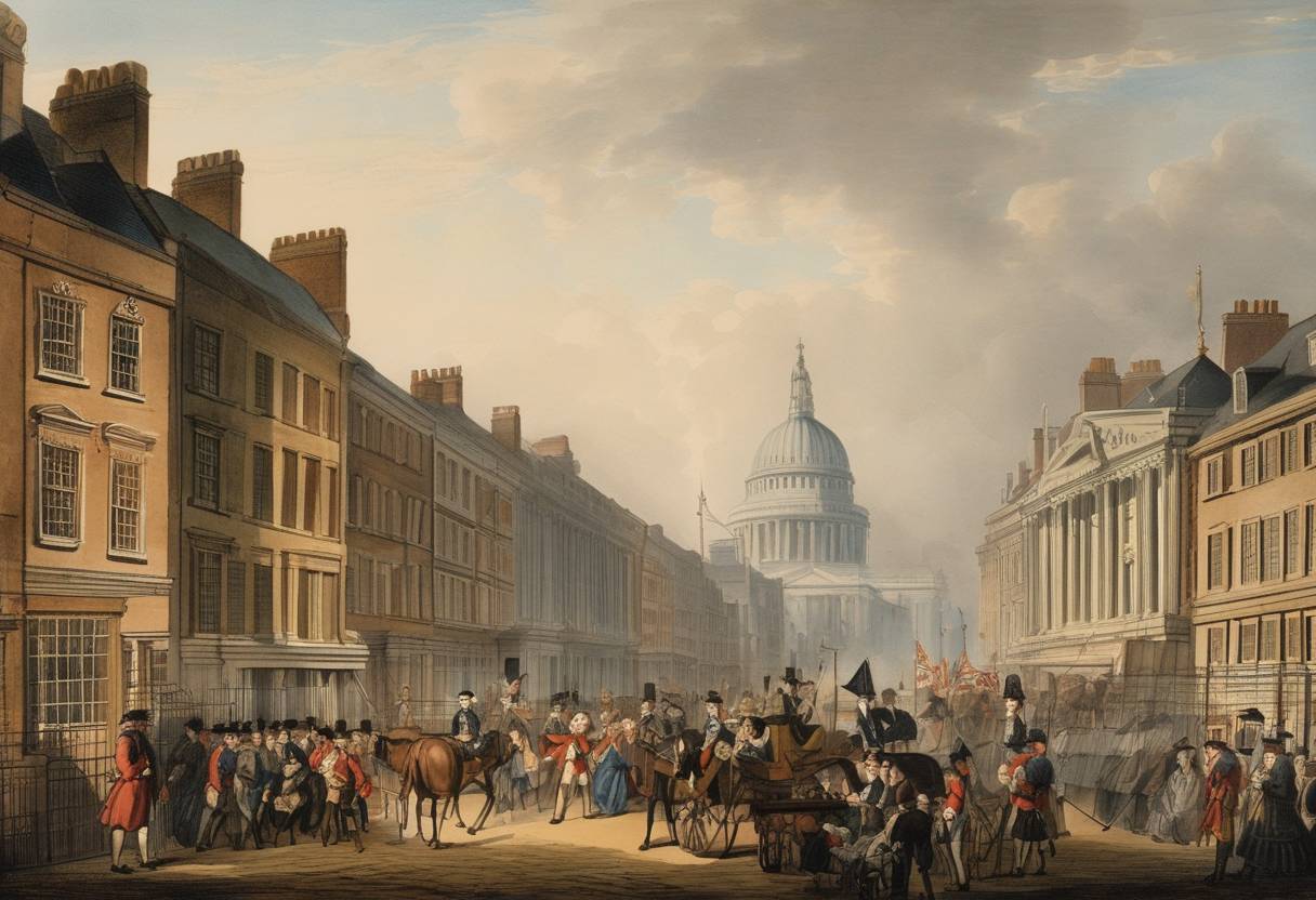 Watercolor painting based depiction of In London, Britain issues a declaration effectually repealing the Stamp Act, which imposed taxes on paper goods in the American colonies. (1766)