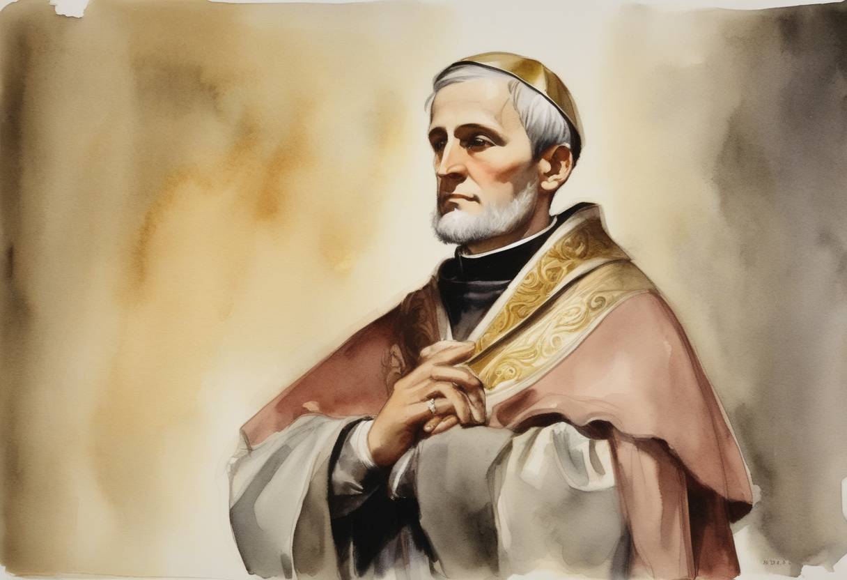 Watercolor painting based depiction of Saint Gerard of Csanád, the first bishop of Csanád in the Kingdom of Hungary and one of the patron saints of Hungary, was canonized. (1094)
