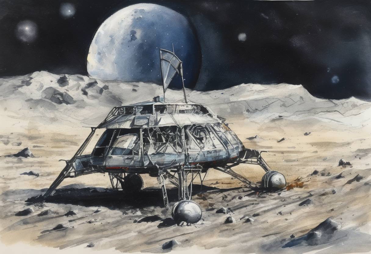 Watercolor painting based depiction of The Soviet spacecraft Luna 5 crashed on the Moon, marking a failed attempt to achieve a soft landing on the lunar surface. (1965)