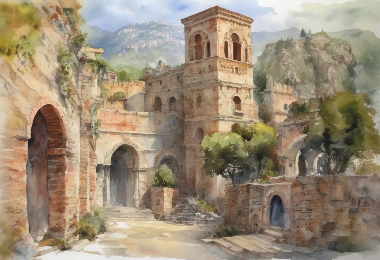 Watercolor painting based depiction of The Muslim conquest of Sicily is completed with the capture of Taormina, the last Byzantine stronghold on the island. (902)