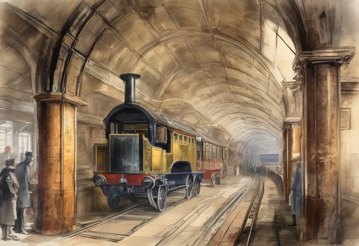 Watercolor painting based depiction of Tower Subway, the world's first underground tube railway, opened in London, marking a significant development in urban transportation. (1870)