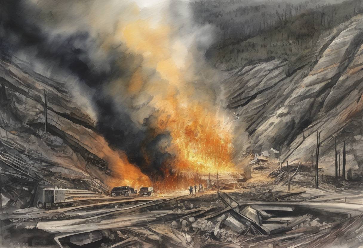 Watercolor painting based depiction of An explosion at the Upper Big Branch Mine in West Virginia, USA, killed 29 miners. This was the worst mining disaster in the United States since 1970. The explosion was caused by a build-up of methane gas, and subsequent investigations revealed numerous safety violations by the mine's operator, Massey Energy. (2010)